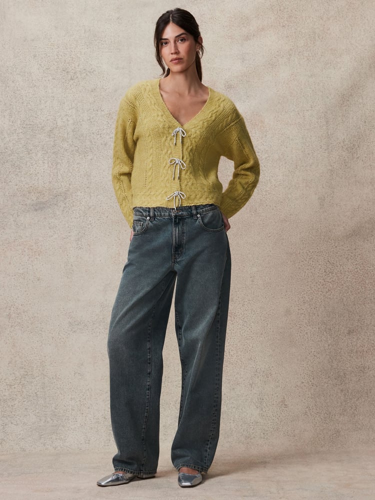 Yellow Sparkle Bow Button Cable Knitted Cardigan - Image 1 of 3