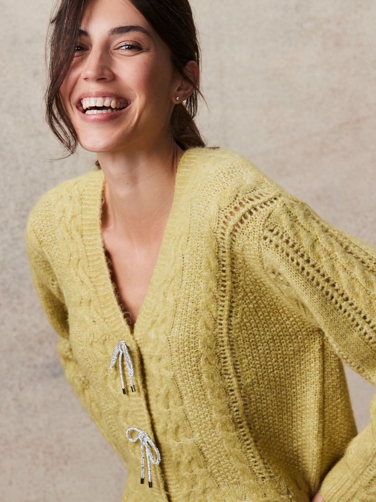 Yellow Sparkle Bow Button Cable Knitted Cardigan - Image 3 of 3