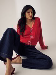 Red Sparkle Bow Button Cable Knitted Cardigan - Image 1 of 7