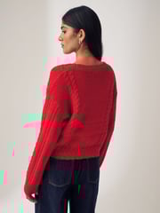 Red Sparkle Bow Button Cable Knitted Cardigan - Image 2 of 7
