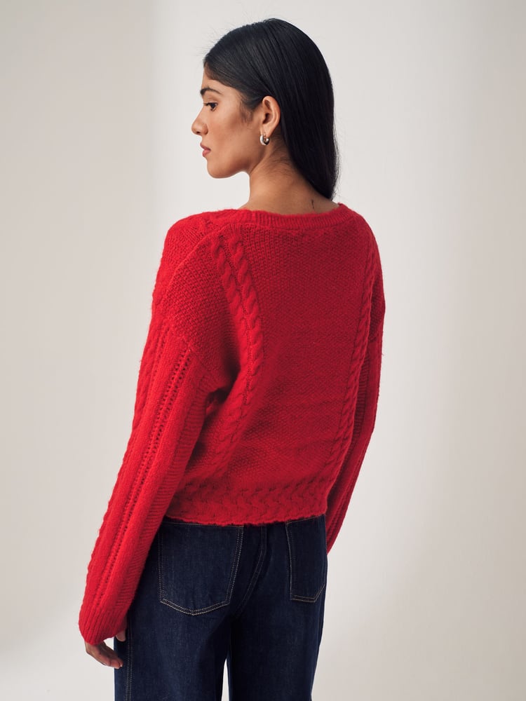 Red Sparkle Bow Button Cable Knitted Cardigan - Image 2 of 7