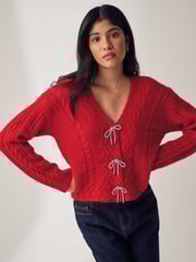 Red Sparkle Bow Button Cable Knitted Cardigan - Image 3 of 7