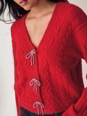 Red Sparkle Bow Button Cable Knitted Cardigan - Image 4 of 7