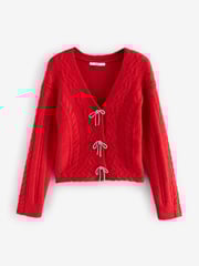 Red Sparkle Bow Button Cable Knitted Cardigan - Image 5 of 7