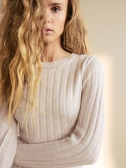 Ecru Cream Ribbed Fit And Flare Mini Knitted Jumper Dress With Wool - Image 5 of 7