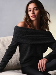 Grey Charcoal Bardot Off The Shoulder Embellished Sparkle Knitted Jumper - Image 1 of 7