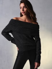 Grey Charcoal Bardot Off The Shoulder Embellished Sparkle Knitted Jumper - Image 3 of 7