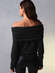 Grey Charcoal Bardot Off The Shoulder Embellished Sparkle Knitted Jumper - Image 4 of 7