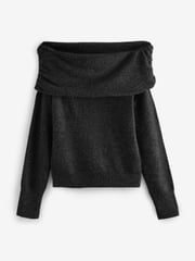 Grey Charcoal Bardot Off The Shoulder Embellished Sparkle Knitted Jumper - Image 6 of 7