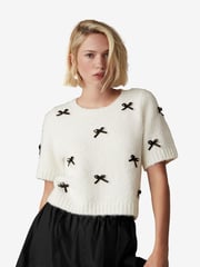 White with Black Bows Short Sleeve Crew Neck Jumper With Wool - Image 1 of 6