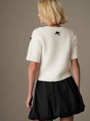 White with Black Bows Short Sleeve Crew Neck Jumper With Wool - Image 3 of 6