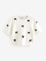 White with Black Bows Short Sleeve Crew Neck Jumper With Wool - Image 5 of 6