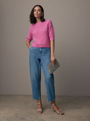 Pink Bright Embellished Gem Short Sleeve Knitted Jumper - Image 2 of 8