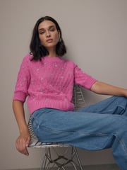 Pink Bright Embellished Gem Short Sleeve Knitted Jumper - Image 3 of 8