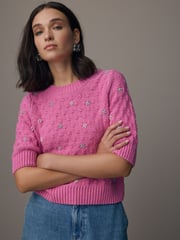Pink Bright Embellished Gem Short Sleeve Knitted Jumper - Image 4 of 8