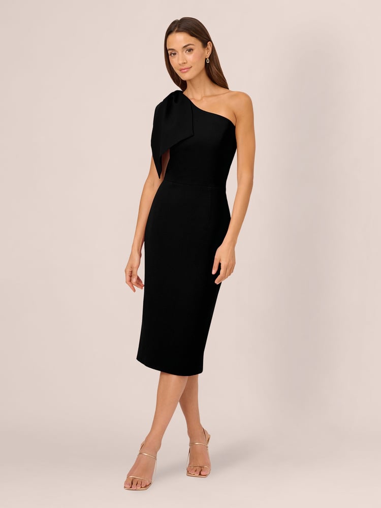 Adrianna Papell One Shoulder Bow Black Midi Dress - Image 1 of 7