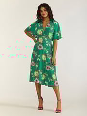 Yumi Green Crane Print Kimono Midi Dress - Image 1 of 4