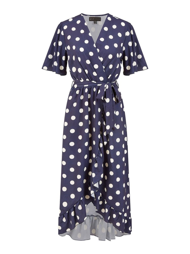 Mela Blue Spot Print Wrap Midi Dress With Frill Detail - Image 4 of 4
