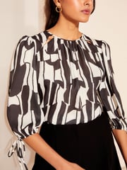 Friends Like These Black/White 3/4 Sleeve Chiffon Tie Cuff Blouse - Image 1 of 4