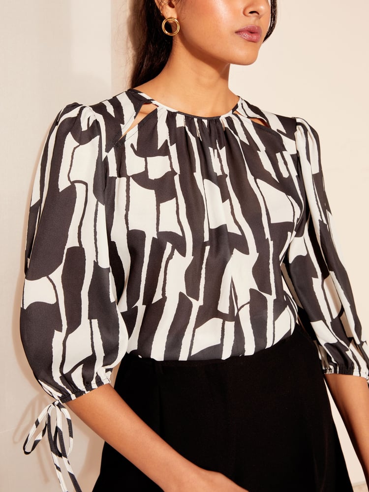 Friends Like These Black/White 3/4 Sleeve Chiffon Tie Cuff Blouse - Image 1 of 4 Friends Like These Black/White 3/4 Sleeve Chiffon Tie Cuff Blouse - Image 1 of 4