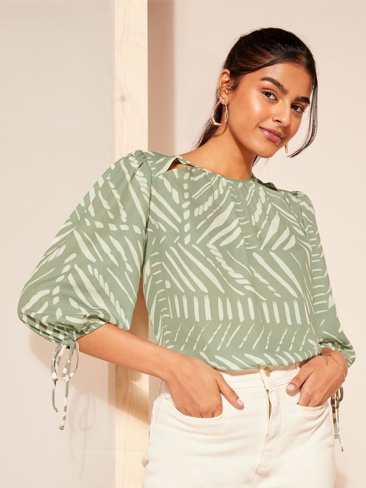Friends Like These Khaki Green 3/4 Sleeve Chiffon Tie Cuff Blouse - Image 1 of 4