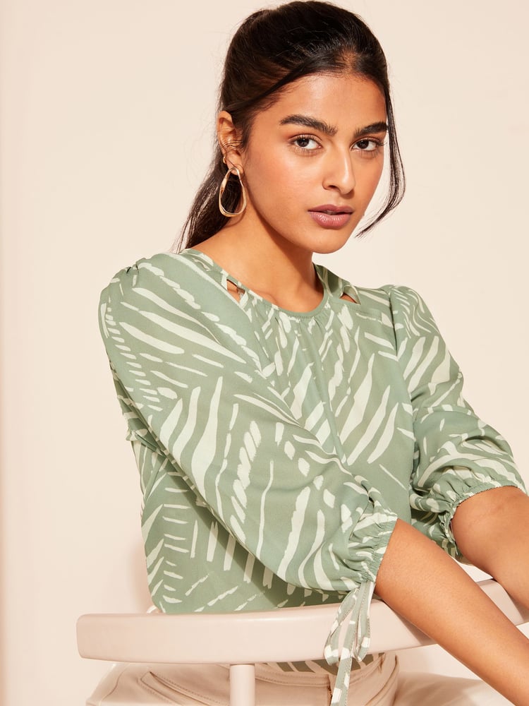 Friends Like These Khaki Green 3/4 Sleeve Chiffon Tie Cuff Blouse - Image 2 of 4 Friends Like These Khaki Green 3/4 Sleeve Chiffon Tie Cuff Blouse - Image 2 of 4