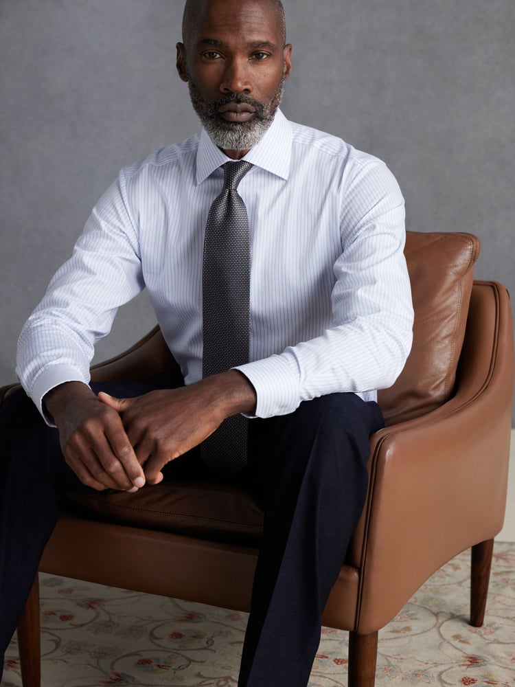 White/Blue Stripe Slim Fit Signature 100% Cotton Single Cuff Shirt With Cutaway Collar - Image 2 of 7