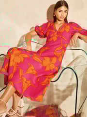 Lipsy Pink Puff Sleeve Tie Back Midaxi Dress - Image 1 of 4
