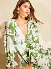 Lipsy Green White Long Sleeve Tie Back Mini Dress - Image 1 of 4