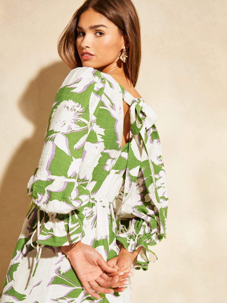 Lipsy Green White Long Sleeve Tie Back Mini Dress - Image 2 of 4 Lipsy Green White Long Sleeve Tie Back Mini Dress - Image 2 of 4