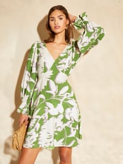 Lipsy Green White Long Sleeve Tie Back Mini Dress - Image 4 of 4