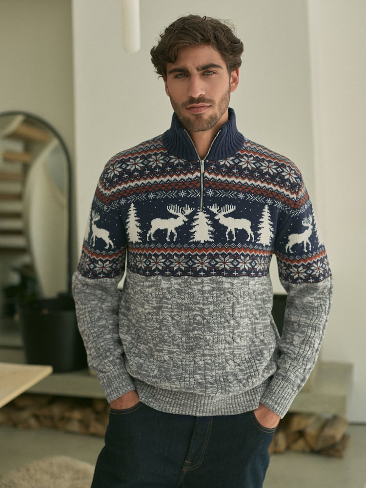 Marineblau/Grau Rentier - Weihnachtspullover in normaler Passform - Bild 1 von 7