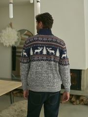 Marineblau/Grau Rentier - Weihnachtspullover in normaler Passform - Bild 3 von 7