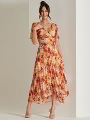 Jolie Moi Orange & Red Floral Pleated Dip Hem Chiffon Maxi Dress - Image 1 of 6