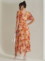 Jolie Moi Orange & Red Floral Pleated Dip Hem Chiffon Maxi Dress - Image 2 of 6