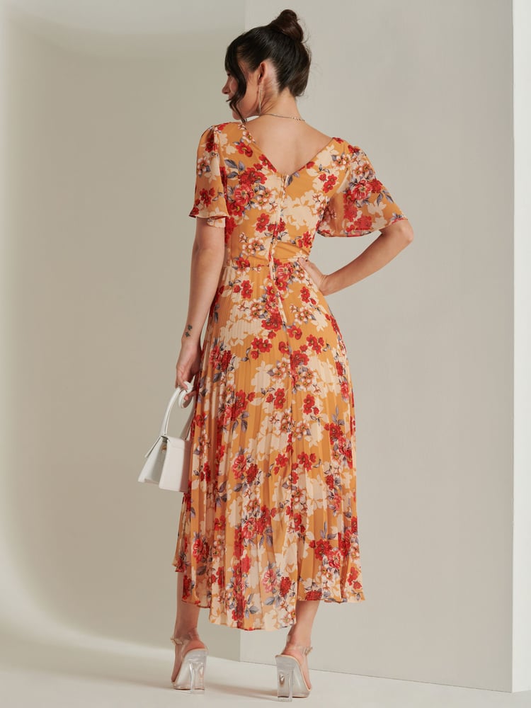 Jolie Moi Orange & Red Floral Pleated Dip Hem Chiffon Maxi Dress - Image 2 of 6