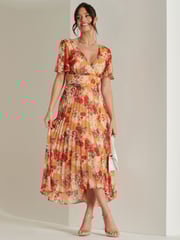 Jolie Moi Orange & Red Floral Pleated Dip Hem Chiffon Maxi Dress - Image 4 of 6
