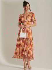 Jolie Moi Orange & Red Floral Pleated Dip Hem Chiffon Maxi Dress - Image 5 of 6