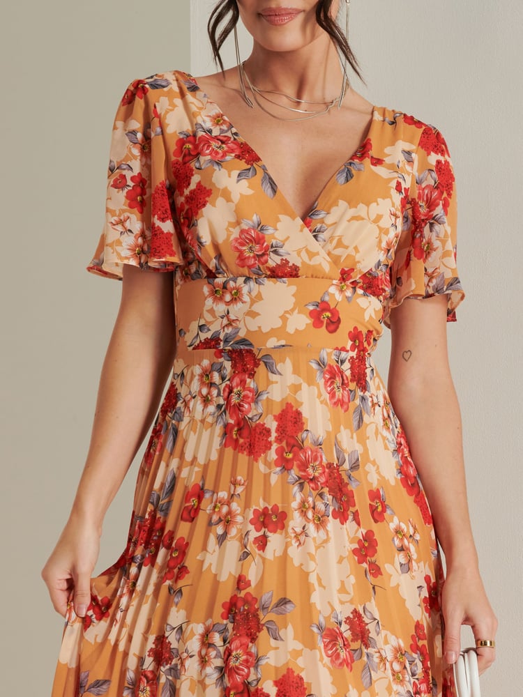 Jolie Moi Orange & Red Floral Pleated Dip Hem Chiffon Maxi Dress - Image 6 of 6