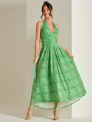 Jolie Moi Green Plunge Neck Shirred Back Maxi Dress - Image 1 of 6