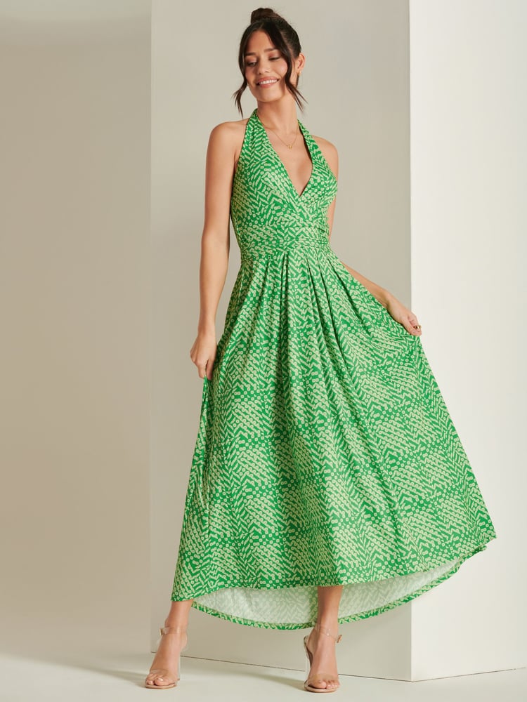 Jolie Moi Green Plunge Neck Shirred Back Maxi Dress - Image 1 of 6