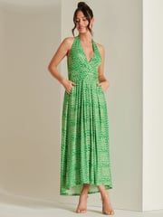 Jolie Moi Green Plunge Neck Shirred Back Maxi Dress - Image 3 of 6