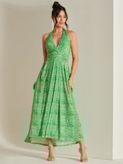 Jolie Moi Green Plunge Neck Shirred Back Maxi Dress - Image 4 of 6