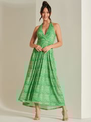 Jolie Moi Green Plunge Neck Shirred Back Maxi Dress - Image 5 of 6