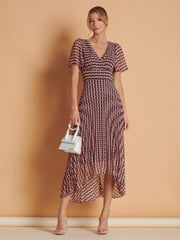 Jolie Moi Pink Spot Pleated Dip Hem Chiffon Maxi Dress - Image 1 of 6