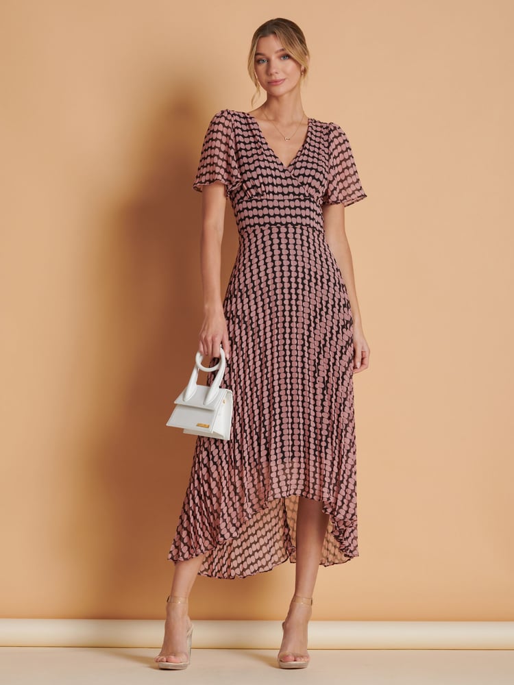Jolie Moi Pink Spot Pleated Dip Hem Chiffon Maxi Dress - Image 1 of 6