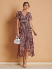 Jolie Moi Pink Spot Pleated Dip Hem Chiffon Maxi Dress - Image 4 of 6