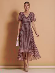 Jolie Moi Pink Spot Pleated Dip Hem Chiffon Maxi Dress - Image 5 of 6