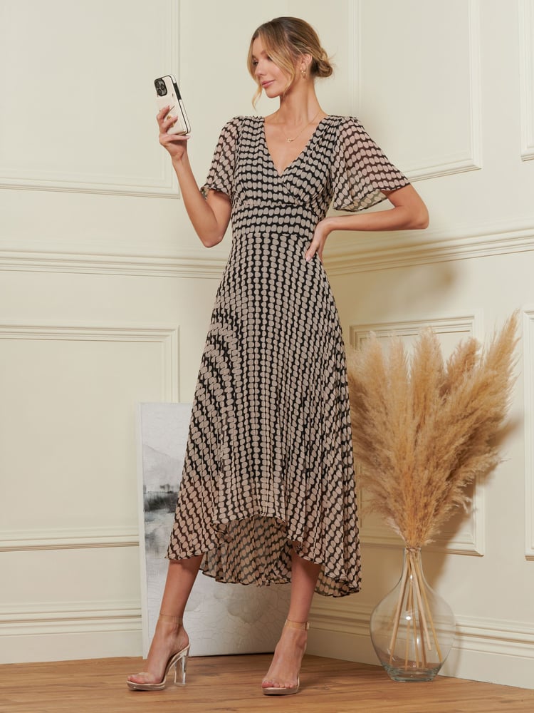 Jolie Moi Brown Spot Angel Sleeve Pleated Chiffon Maxi Dress - Image 1 of 6