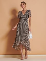 Jolie Moi Brown Spot Angel Sleeve Pleated Chiffon Maxi Dress - Image 2 of 6